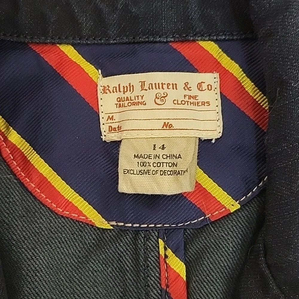 Ralph Lauren 100% cotton denim navy blazer w/crest girl's 14 prep school uniform